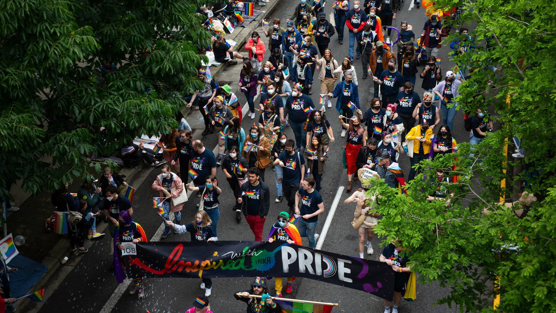 A group of LAIKA employees at the Portland Pride Parade