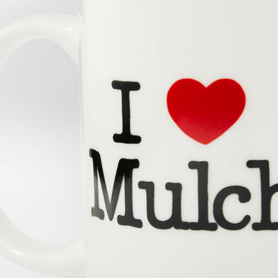 Close-up of the 'I Heart Mulch' Mug, showing the text and the handle